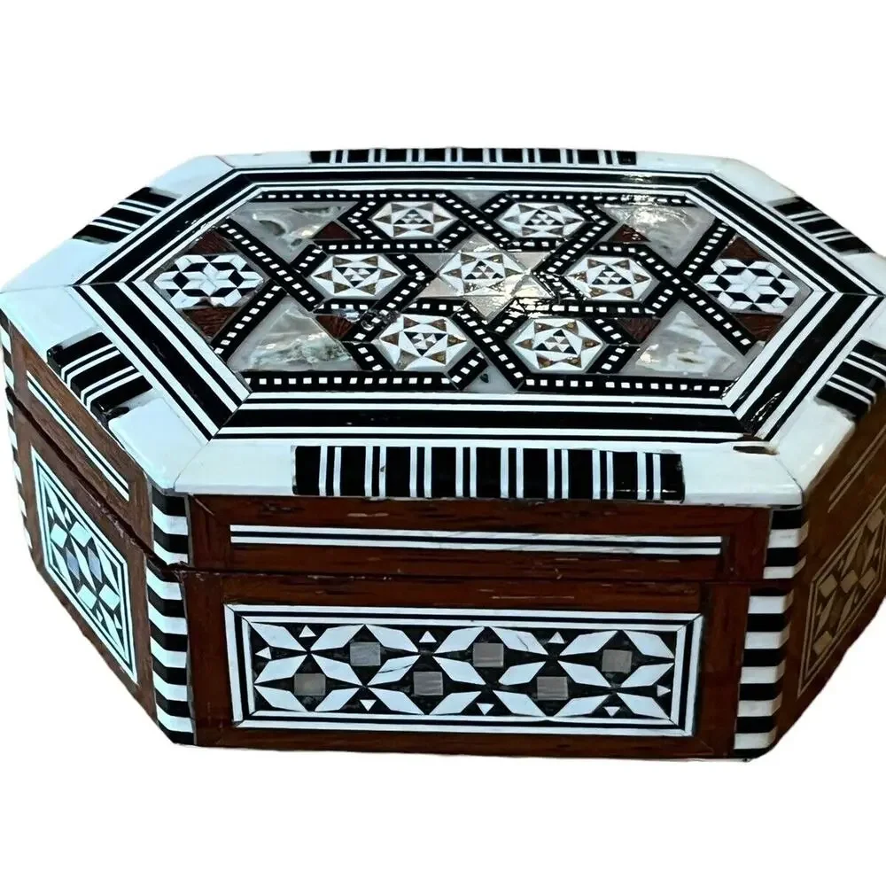 MOTHER OF PEARL MOSAIC JEWELRY Trinket BOX HANDMADE Inlaid EGYPT 4.5 X 3”